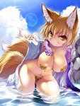  animal_ears blonde_hair blush breasts cloud covered_nipples curvy day fox_ears fox_tail hanging_breasts ikuta_takanon kneeling large_breasts lens_flare looking_at_viewer maebari multiple_tails no_hat no_headwear ofuda open_clothes pasties seductive_smile short_hair sky smile solo submerged sweat tail touhou water yakumo_ran yellow_eyes 