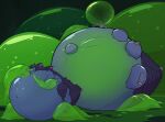 2025 areoants before_and_after belly belly_expansion belly_inflation black_sclera blizzard_entertainment blush dehaka expansion force_feeding forced green_blush hi_res immobile inflation navel purple_eyes slime slime_inflation starcraft translucent