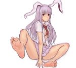  animal_ears bare_legs barefoot breasts bunny_ears covered_nipples dress_shirt feet foreshortening kuro_suto_sukii necktie no_bra open_clothes open_shirt pink_hair pov_feet red_eyes red_neckwear reisen_udongein_inaba shirt sitting skirt small_breasts soles solo tears toe_scrunch toes touhou water 