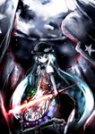  blue_hair bow bowtie dress hat hinanawi_tenshi koohee long_hair red_eyes solo sword sword_of_hisou touhou very_long_hair weapon 