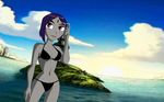  bikini facial_mark female gray_skin purple_hair raven short_hair swimsuit teen_titans 
