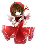  ai_1003 bad_id bad_pixiv_id brown_hair cardcaptor_sakura dress fuuin_no_tsue gloves green_eyes hat highres kinomoto_sakura magical_girl pink_hat short_hair solo wand white_gloves wings 