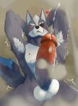 anthro armpit_hair arms_above_head balls black_nose blush bodily_fluids body_hair canid canine canis close-up cum ejaculation eye_patch eyewear fluffy fluffy_tail fur genital_fluids genitals grey_body grey_fur hands_behind_head hi_res humanoid_genitalia kemono male mammal multicolored_body multicolored_fur musk nagick_18 nintendo odor orgasm penis pointy_ears solo star_fox tail two_tone_body two_tone_fur vein veiny_penis wolf wolf_o&#039;donnell