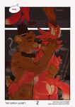 anthro bear blush bodily_fluids bow_tie brown_body brown_fur butt butt_grab canid canine closet clothing comic duo ear_piercing ear_ring english_text eye_patch eyes_closed eyewear five_nights_at_freddy&#039;s fox foxy_(fnaf) freddy_(fnaf) french_kissing front_view fur hand_on_butt hat headgear headwear hook hook_hand inside kissing male male/male mammal muscular muscular_anthro muscular_male nick7005 nude piercing red_body red_fur ring_piercing saliva scottgames standing sweat text top_hat yellow_eyes