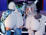 2025 3d_(artwork) absurd_res anthro areola big_breasts black_areola black_nipples blue_body breasts canid canid_demon canine dariana_(quetzaly) demon digital_media_(artwork) duo ear_piercing ear_ring female forehead_gem fur furgonomics furry-specific_piercing furry_ghosty gem glowing glowing_eyes gold_piercing green_eyes grey_body grey_fur grey_hair hair hellhound helluva_boss hi_res hoop_ear_ring huge_breasts looking_at_viewer loona_(helluva_boss) makeup mammal mascara multicolored_body multicolored_fur mythological_canine mythological_creature mythology nipples nude nude_anthro nude_female piercing pink_nipples presenting presenting_breasts red_sclera reptile ring_piercing running_makeup running_mascara scalie snake snake_hood snake_hood_piercing tongue tongue_out two_tone_body two_tone_fur white_body white_eyes white_fur