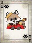 absurd_res anthro black_eyes brown_body brown_fur brown_nose cane crown danger_alex_draw digital_media_(artwork) eye_spot flat_colors fur gold_(metal) half-length_portrait headgear hi_res male mammal markings mouth_grab multicolored_body multicolored_fur paws portrait procyonid raccoon red_uniform royalty solo striped_markings striped_tail stripes symbol tail tail_markings