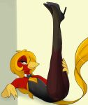 ambiguous_gender anthro avian beak bird bow_tie brown_eyes bunny_costume chrysolophus clothing costume eyeliner feathers fishnet_clothing fishnet_legwear flat_chested footwear galliform glori_gamebird golden_pheasant hair hi_res high_heels holding_legs_up kitsunekotaro legs_up legwear leotard long_hair long_tail makeup male_(lore) meme_pose phasianid red_body red_feathers shirt_collar shoes solo tail yellow_beak yellow_body yellow_feathers