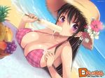  artist_name beach bikini black_hair blush bracelet breast_rest breasts cleavage collarbone covered_nipples cream day dmm flower food hat hibiscus highres jewelry large_breasts long_hair mouth_hold nail_polish original otabe_sakura outdoors popsicle purple_eyes sexually_suggestive solo sparkle strap_gap sun_hat swimsuit wallpaper water 