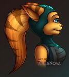 2025 angela_cross anthro arm_tuft blue_eyes breasts clothing eyebrows eyelashes female fur lombax mammal portrait ratchet_and_clank shoulder_tuft side_view solo sony_corporation sony_interactive_entertainment stripes teira-nova teiranova tuft yellow_body yellow_fur