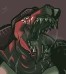 absurd_res anthro barazoku bodily_fluids dinosaur fangs green_eyes hi_res king_of_dinosaurs king_of_fighters looking_at_viewer male mask muscular muscular_anthro muscular_male open_mouth pinumontbalou portrait prehistoric_species red_body reptile saliva saliva_on_tongue saliva_string scales scalie smile smiling_at_viewer snk solo teeth theropod tongue tongue_out tyrannosaurid tyrannosauroid tyrannosaurus tyrannosaurus_rex wrestler