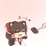  =_= animal_ears ascot blush brown_hair cat_ears cat_tail chibi closed_eyes detached_sleeves fang food hair_ribbon hair_tubes hakurei_reimu hazuki_ruu heart kemonomimi_mode minigirl open_mouth ribbon shirt skirt skirt_set solo tail touhou wagashi youkan_(food) 