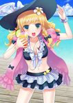  alha bikini bikini_skirt blonde_hair blue_eyes boardwalk bow bracelet braid breasts cleavage cloud cuffs day digital_media_player drink earphones flower frilled_bikini frills front-tie_top hat in_swimsuit ipod jewelry kirisame_marisa medium_breasts navel ocean open_mouth plumeria print_scrunchie scrunchie skirt sky solo star star_print swimsuit touhou water wrist_scrunchie 