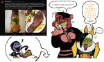 2025 absurd_res anthro bat bear beef blarf022 blarf_(blarf022) dialogue disgust eating english_text female food grossed_out group hi_res honduran_white_bat humanoid kinx_(blarf022) leaf-nosed_bat male mammal meat microbat sherry_bear_(blarf022) steak steak_in_mouth text trio vranda_von_bat_(blarf022) yangochiropteran