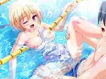  1boy 1girl big_breasts blonde_hair blush breasts censored cum cum_in_water gakuen_shinsengumi! game_cg green_hair large_breasts penis pool pussy red_eyes sex sparkle sweat swimsuit vagina vaginal water 