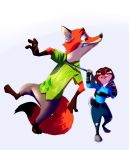  2017 absurd_res anthro barefoot canine claws clothed clothing dipstick_ears disney duo female fox fur gradient_background green_eyes hi_res inner_ear_fluff jacket judy_hopps lagomorph larger_male looking_back male mammal multicolored_fur necktie_pull nick_wilde pants police purple_eyes rabbit shorts simple_background size_difference smaller_female sweater toe_claws toony two_tone_fur walking wardrobe_malfunction zigrock001 zootopia 