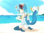  animal animal_ears bad_id bad_pixiv_id beach blue_hair blue_legwear boat bow camisole cape cat_ears day dexp elsword eve_(elsword) facial_tattoo hair_bow hair_ornament looking_back open_mouth outdoors panties sand short_hair sitting solo sweatdrop tattoo thighhighs underwear wariza water watercraft yellow_eyes 