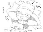 2018 ambiguous_gender arrow_sign black_and_white evil_anaunara eyes_closed generation_4_pokemon japanese_text mismagius monochrome nintendo open_mouth pokemon pokemon_(species) simple_background sketch solo text white_background