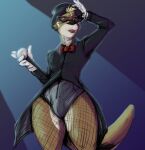 anthro blonde_hair bow_tie brown_body brown_fur bulge clothed clothing crossdressing eyewear femboy fishnet_clothing fishnet_legwear fur glasses gloves hair handwear hat headgear headwear legwear male mammal mustelid otter otter_tail pandottermon parker_(pandottermon) red_bow_tie solo spotlight_beam top_hat topwear white_clothing white_gloves white_handwear