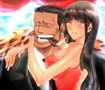  1girl bad_id bad_pixiv_id black_hair breasts cigar corset curtains dress earrings formal grey_eyes iderei jewelry large_breasts long_hair nico_robin one_piece scar sir_crocodile smoking straight_hair suit 