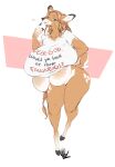 anthro areola big_breasts bottomless bottomless_anthro bottomless_female braided_hair breasts brown_body brown_fur brown_hair buckteeth clothed clothing deer dullvivid english_text female fiona_fawnbags_(dullvivid) freckles fur hair half-closed_eyes hi_res hooves huge_breasts long_hair mammal markings narrowed_eyes nipples open_mouth open_smile shirt simple_background smile solo spots spotted_body spotted_fur spotted_markings t-shirt tan_areola tan_body tan_fur tan_nipples tan_spots teeth text topwear wardrobe_malfunction white_background