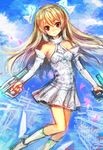  bare_shoulders blonde_hair cloud day detached_sleeves dual_wielding gun highres holding lm7_(op-center) long_hair original red_eyes sky smile solo weapon 