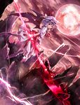  ascot bad_id bad_pixiv_id bat_wings blood blood_in_mouth blood_on_face blue_hair full_moon highres looking_back moon red_eyes red_moon remilia_scarlet shirt short_hair skirt skirt_set sky solo sparks spear_the_gungnir torino_akua touhou wings wrist_cuffs 
