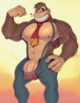 2025 abs absurd_res anthro ape areola barazoku barely_contained biceps big_bulge big_muscles big_penis bodily_fluids bottomwear bulge clothed clothing deltoids deuzion donkey_kong_(character) donkey_kong_(series) donkey_kong_bananza dripping flexing flexing_bicep fur genital_fluids genitals gorilla haplorhine heart_symbol hi_res huge_bulge huge_muscles huge_penis humanoid_genitalia humanoid_penis looking_at_viewer male mammal muscular muscular_anthro muscular_male navel necktie nintendo nipples obliques pants pecs penis penis_base precum precum_drip precum_through_clothing precum_through_underwear primate simple_background smile solo standing suspenders teeth thick_arms thick_penis topless topless_anthro topless_male tuft underwear unzipped vein wet wet_clothing zipper