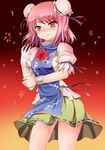  arm_grab bandages blue_door blush bun_cover cuffs double_bun flower ibaraki_kasen lights pink_flower pink_hair pink_rose red_eyes rose shackles shirt short_hair skirt smile solo touhou 