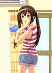  brown_eyes brown_hair casual chestnut_mouth denim denim_shorts diesel-turbo fan long_hair minami-ke minami_kana paper_fan shirt shorts solo striped striped_shirt twintails uchiwa 