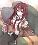  bad_id bad_pixiv_id blue_eyes brown_hair couch highres jacket legwear_under_shorts long_hair makise_kurisu necktie nikuma outstretched_hand pantyhose red_neckwear shorts smile solo steins;gate 