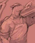 anthro armor carrying_another charizard clothed clothing construction_worker eyewear focused generation_1_pokemon goggles goggles_around_neck hard_hat headgear helmet hi_res horn male muscular nintendo pandottermon pokemon pokemon_(species) salmon_background shoulder_carry solo steel_beam wings