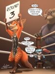 absurd_res anthro bodily_fluids bovid bovine boxing boxing_gloves breasts bunny_costume canid canine cape_buffalo chief_bogo clothed clothing costume crossdressing digital_media_(artwork) disney duo english_text erection female femboy fishnet_clothing fishnet_legwear fox fur genital_fluids genitals group hair handwear hi_res horn judy_hopps lagomorph legwear leotard leporid link6432 male mammal muscular nick_wilde nipples penis simple_background sport tail text topless topless_female trio true_fox underwear zootopia