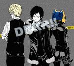  2boys black_hair blonde_hair celty_sturluson durarara!! heiwajima_shizuo multiple_boys orihara_izaya short_hair sturluson_celty trio 