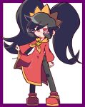  1girl :o adapted_costume arm_at_side ashley_(warioware) big_hair black_hair black_pantyhose blush border child commentary_request dress flat_chest full_body hairband highres jaggy_lines kan_(kam48360493) legs long_hair looking_at_viewer neckerchief open_mouth orange_hairband orange_neckerchief orange_trim outside_border pantyhose partial_commentary purple_border red_dress red_eyes red_shoes shoes side_slit sidelocks simple_background skull_brooch solo standing thighband_pantyhose twintails warioware white_background 