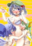  akagiakemi bare_shoulders bikini blue_eyes blue_hair blush bow braid breasts cirno cleavage closed_eyes daiyousei flat_chest groin hair_bow hair_tucking hat kawashiro_nitori large_breasts licking mayonnaise multiple_girls phallic_symbol pinky_out sexually_suggestive short_hair side-tie_bikini side_ponytail simple_background suggestive_fluid swimsuit touhou twin_braids two_side_up wince wings 