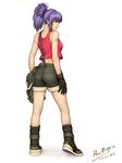  blue_eyes blue_hair boots crop_top earrings from_behind gloves highres jacket jacket_removed jewelry leona_heidern looking_away loose_socks pen-tropic ponytail realistic shorts signature socks suspenders tattoo the_king_of_fighters 