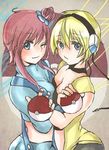  2girls alice-yuki blonde_hair blue_eyes breast_press breasts fuuro_(pokemon) gym_leader kamitsure_(pokemon) multiple_girls poke_ball pokeball pokemon pokemon_(game) pokemon_black_and_white pokemon_bw red_hair symmetrical_docking wink yuri 