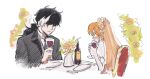  1boy 1girl 79x_(ox79xo) ace_attorney athena_cykes black_hair black_jacket black_necktie blush bottle bridal_veil closed_mouth cup dress drinking_glass earrings elbow_gloves flower flower_hairband gloves holding holding_cup jacket jewelry juliet_sleeves long_hair long_sleeves multicolored_hair necktie orange_hair phoenix_wright:_ace_attorney_-_dual_destinies plate profile puffy_sleeves shirt simon_blackquill smile two-tone_hair vase veil white_dress white_gloves white_hair white_shirt wine_glass 