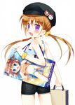  ass bag blush brown_hair comiket cowboy_shot fang hat long_hair looking_back meito_(maze) original purple_eyes shorts solo twintails 