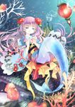  fish flower fuyouchu hair_flower hair_ornament japanese_clothes kimono lantern long_hair mermaid monster_girl original solo underwater 