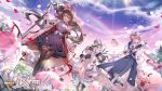  3girls animal_ears arknights black_boots boots ceylon_(arknights) chinese_commentary commentary_request copyright_name copyright_notice crop_top eyjafjalla_(arknights) eyjafjalla_the_hvit_aska_(arknights) flower gloves hat highres holding holding_staff horns kuuus multiple_girls official_art ponytail pouch rainbow scarf schwarz_(arknights) sheep shorts staff thigh_pouch white_gloves 