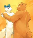  bear blue_hair canine chubby dancing duo eye_contact green_eyes hair looking_at_each_other male mammal nude orange_background piercing plain_background smile vu06 wolf 