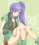  female gundam gundam_zz pink_eyes purple_hair roux_louka sitting solo 