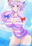  arms_behind_back bow breasts casual_one-piece_swimsuit covered_nipples crescent hair_bow hat jiseki large_breasts long_hair one-piece_swimsuit open_mouth patchouli_knowledge purple_eyes purple_hair ribbon solo swimsuit touhou water 