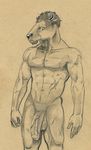  big_penis bison bovine buffalo flaccid horn humanoid_penis looking_at_viewer male mammal monochrome muscles nude penis scar sepia solo standing tush uncut vein 