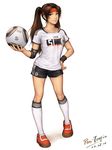  alternate_hairstyle armband ball brown_eyes brown_hair facepaint flag german_flag germany hand_on_hip highres holding jersey kneehighs lips pen-tropic realistic ryuuko_no_ken shorts signature soccer_ball soccer_uniform solo sportswear star striped the_king_of_fighters twintails yuri_sakazaki 
