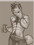  beer can canine contemplative elias looking_at_viewer male monochrome muscles piercing pubic_hair solo spookeedoo topless undressing wolf 