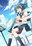  asahikawa_hiyori beamed_eighth_notes blue_hair brown_eyes clarinet cloud day eighth_note hair_ornament hairclip highres instrument long_hair musical_note open_mouth original plaid plaid_skirt quarter_note school_uniform sheet_music sitting skirt sky solo staff_(music) 