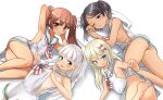  4girls anchor_hair_ornament anchor_necklace ass black_hair blonde_hair blush bow brown_eyes brown_hair commentary_request convenient_leg dark-skinned_female dark_skin dated dress feet_out_of_frame grecale_(kancolle) green_eyes grey_hair groin_tendon hair_ornament hair_ribbon hairclip jewelry kantai_collection kneepits libeccio_(kancolle) long_hair looking_at_viewer looking_back low-cut_armhole lying maestrale_(kancolle) multiple_girls neckerchief necklace no_bra no_headwear no_panties on_side on_stomach one_eye_closed one_side_up open_mouth pink_bow ray.s ribbon sailor_collar sailor_dress scirocco_(kancolle) side-tie_dress simple_background sleepy sleeveless sleeveless_dress smile striped_neckerchief tan thighs twintails twitter_username two_side_up upper_body wavy_hair white_background white_dress white_sailor_collar 