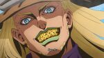  1boy anime_coloring araki_hirohiko_(style) beard blonde_hair blue_eyes brown_hat commentary english_text facial_hair fake_screenshot gold_teeth green_lips grin gyro_zeppeli hat high_collar highres jojo_no_kimyou_na_bouken long_hair looking_at_viewer male_focus nika_dudi smile solo steel_ball_run 